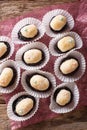 Brazilian dessert sweets Olho de sogra from condensed milk, prunes and coconut close-up. Vertical top view