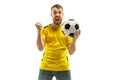 Brazilian fan celebrating on white background Royalty Free Stock Photo