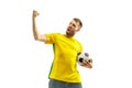 Brazilian fan celebrating on white background Royalty Free Stock Photo