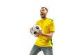 Brazilian fan celebrating on white background Royalty Free Stock Photo