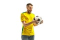 Brazilian fan celebrating on white background Royalty Free Stock Photo