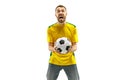 Brazilian fan celebrating on white background Royalty Free Stock Photo