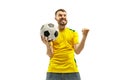 Brazilian fan celebrating on white background Royalty Free Stock Photo