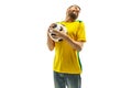 Brazilian fan celebrating on white background Royalty Free Stock Photo