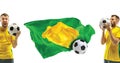 Brazilian fan celebrating on white background. The young man in soccer football uniform with ball standing at white Royalty Free Stock Photo