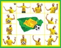 Brazilian fan celebrating on white background. The young man in soccer football uniform with ball standing at white Royalty Free Stock Photo