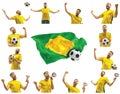 Brazilian fan celebrating on white background. The young man in soccer football uniform with ball standing at white Royalty Free Stock Photo