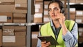 brazilian female worker in headset at logistics warehouse using digital tablet. speaks into a microphone against the Royalty Free Stock Photo