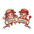 Brazilian Festa Junina Party girl and boy with ribbon banner. Vector illustration Royalty Free Stock Photo