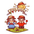 Brazilian Festa Junina Party girl and boy with ribbon banner. Vector illustration Royalty Free Stock Photo