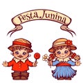 Brazilian Festa Junina Party girl and boy with ribbon banner. Vector illustration Royalty Free Stock Photo