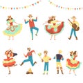 Brazilian Festa Junina Party, Happy Men and Women Dancing at Latin Holiday Festival Vector Illustration Royalty Free Stock Photo