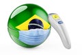 Brazilian flag with medical mask and infrared electronic thermometer. Pandemic in Brazil concept, 3D rendering