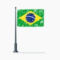 Brazilian flag with scratches, vector flag of Brazil on flagpole with shadow.