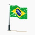 Brazilian flag with scratches, vector flag of Brazil, Brazil flag on flagpole with shadow.