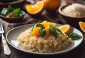 Brazilian food served with rice farofa and oranges are typical and traditional