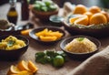 Brazilian food served with rice farofa and oranges are typical and traditional