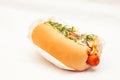 Brazilian hot dog, white background Royalty Free Stock Photo