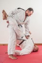 Brazilian jiu-jitsu training demonstration in traditional kimono Royalty Free Stock Photo