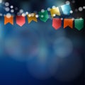 Brazilian june party. Festa junina. String of lights, party flags. Party decoration. Festive night, blurred background. Royalty Free Stock Photo