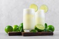 Brazilian Lemonade, Refreshing Creamy Lemonade or Limeade with Lime Slices and Mint on Grey Background