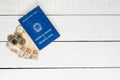 Brazilian money notes, Brazilian coins and work permit on white Royalty Free Stock Photo
