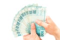 Brazilian money, reais, high denominations held in the palm of your hand Royalty Free Stock Photo