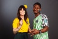 13.11.2019 Brazilian and Nigeria fans in Samara city posing, laughing together and supporting Brazil and Nigeria soccer Royalty Free Stock Photo