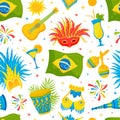 Brazilian Party and Carnival Seamless Pattern Design with Bright Symbols Vector Template Royalty Free Stock Photo