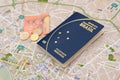 Brazilian passport, euros and map for travel abroad. Royalty Free Stock Photo