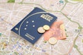 Brazilian passport, euros and map for travel abroad. Royalty Free Stock Photo