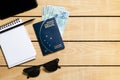 Brazilian Passport on the wooden table and itens for traveling