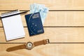 Brazilian Passport on the wooden table and itens for traveling