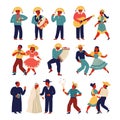 Brazilian people wearing traditional costume for Junina Party set. Vector templates for Latin American holiday, the June
