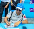 Brazilian racing driver Felipe Massa of Venturi Formula E Team signs autographs during 2019 New York City E-Prix