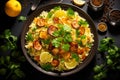 Brazilian regional recipe: couscous corn porridge with vegetables, a traditional delight on a concrete surface, top view