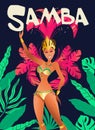 Brazilian samba posters. Carnival in Rio de Janeiro dancers wearing a festival costume is dancing. Vector illustration.