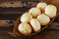 Brazilian snack pao de queijo (cheese bread) in wicker basket