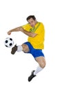 Brazilian Soccer player, jumping, yellow and blue.