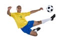 Brazilian Soccer player, jumping, yellow and blue.