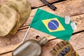 Brazilian soldier army outfit on wood.