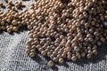 Brazilian soybean seeds on jute background