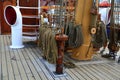 Brazilian tall training ship Cisne Branco. Stacked hemp ropes at the base of the mizzen mast