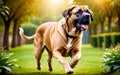 A lively and adorable Brazilian Mastiff dog is happily running in the garden!