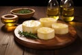 Brazilian traditional cheese Minas on wooden board with olive oil