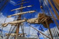 Brazilian training tall ship Cisne Branco. View of the mainmast and rigging against the sky