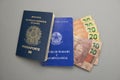 Brazilian work card carteira de trabalho, passport and money. TRANSLATE: