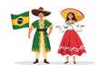 Brazilians in national dress with a flag. Man and woman in traditional costume. Travel to Brazil. People. Vector flat illustration