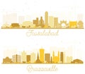 Brazzaville Republic of Congo and Faisalabad Pakistan City Skyline Silhouette with Golden Buildings Isolated on White