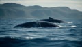 Breaching humpback whale splashes in tranquil seascape, majestic beauty